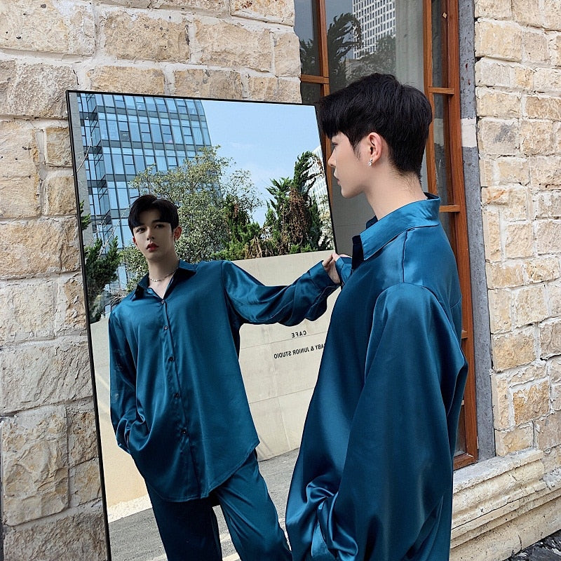 Solid Thin Loose Satin Summer Style Men Long Sleeve Shirts