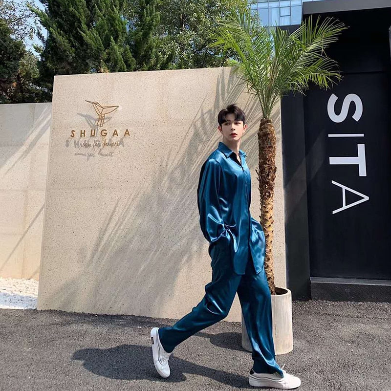 Solid Thin Loose Satin Summer Style Men Long Sleeve Shirts