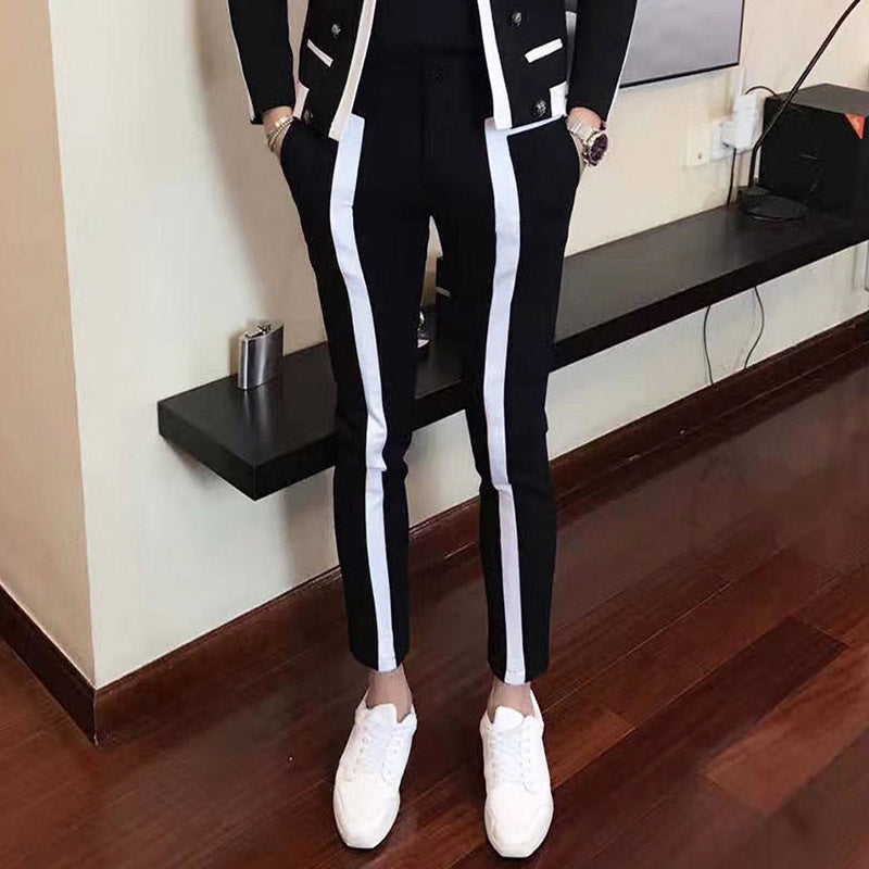 Black with White Front Stripe for Stage Costume Style Men Pants
