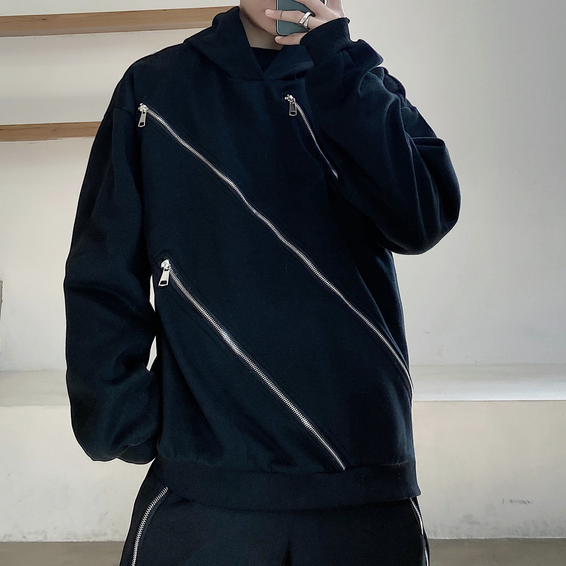 Triple Diagonal Zipper Style Pullover Hoodies