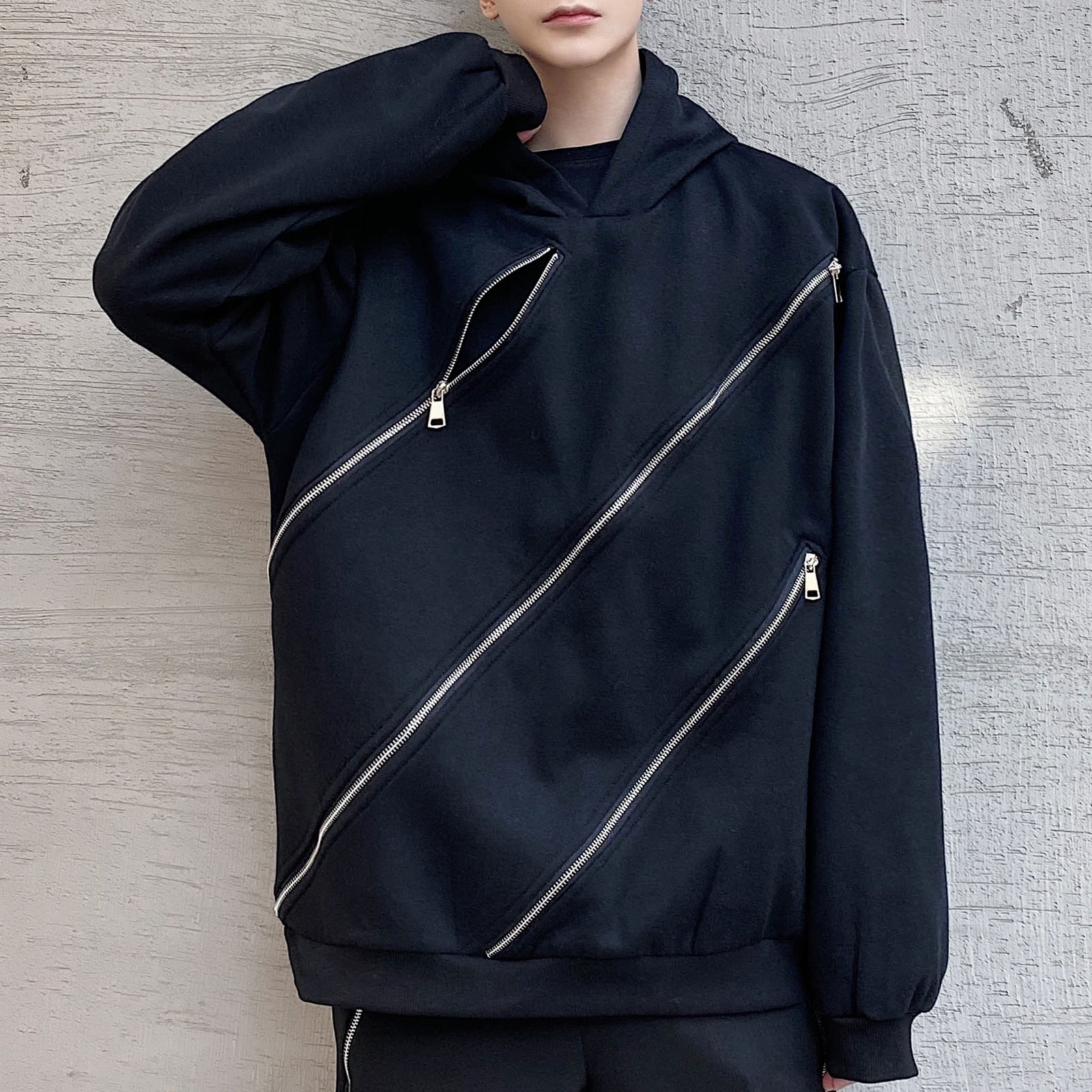 Triple Diagonal Zipper Style Pullover Hoodies