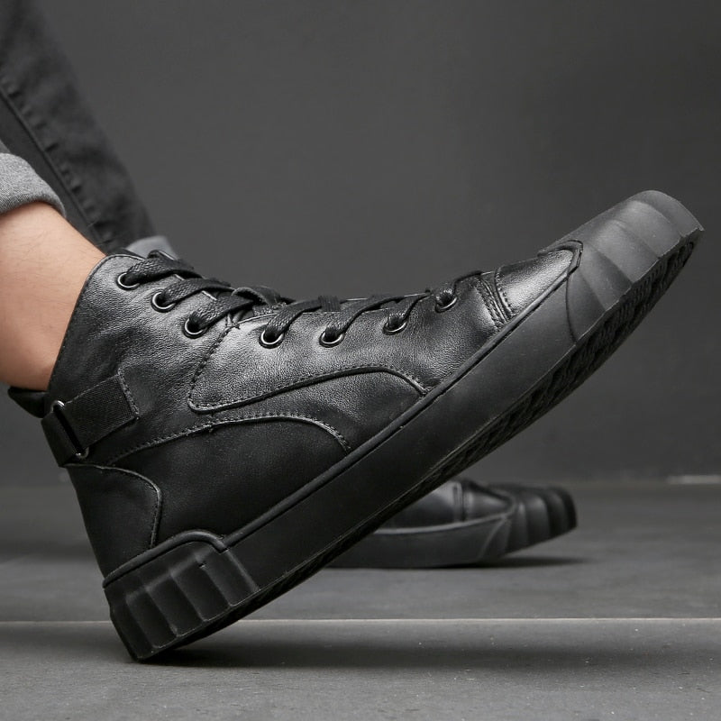 Black Solid Casual Leather Lace Up High Top Style Men Sneaker