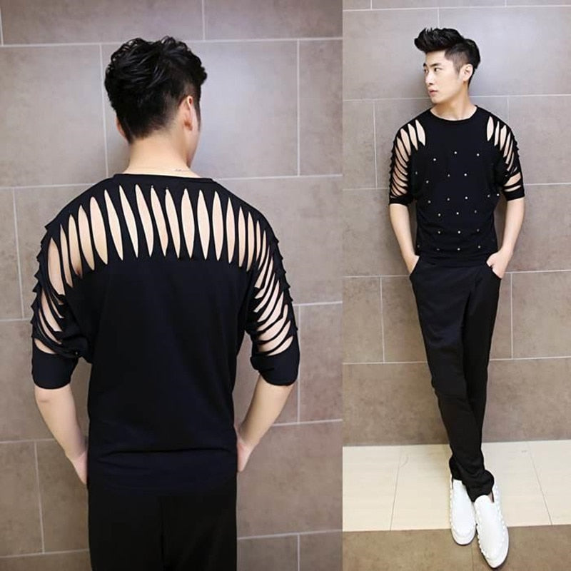 Hollow Out Punk Singer Sexy Stage Costume Men T-Shirt
