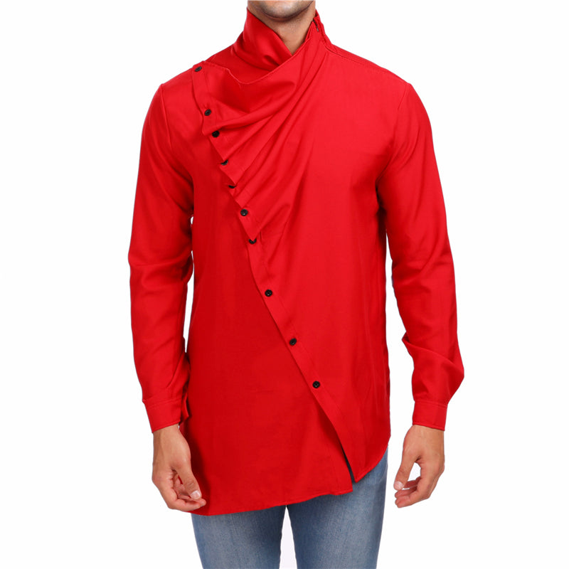 Askew Button High Neck Design Men Long Sleeves Shirt - FanFreakz