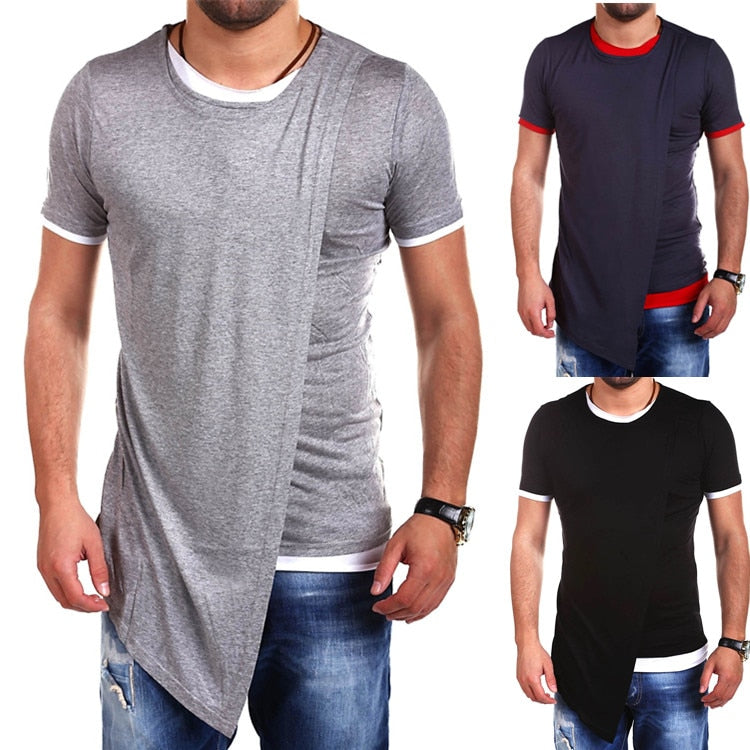 Oblique Double Layers Hip Hop Style Men Short Sleeves T Shirt