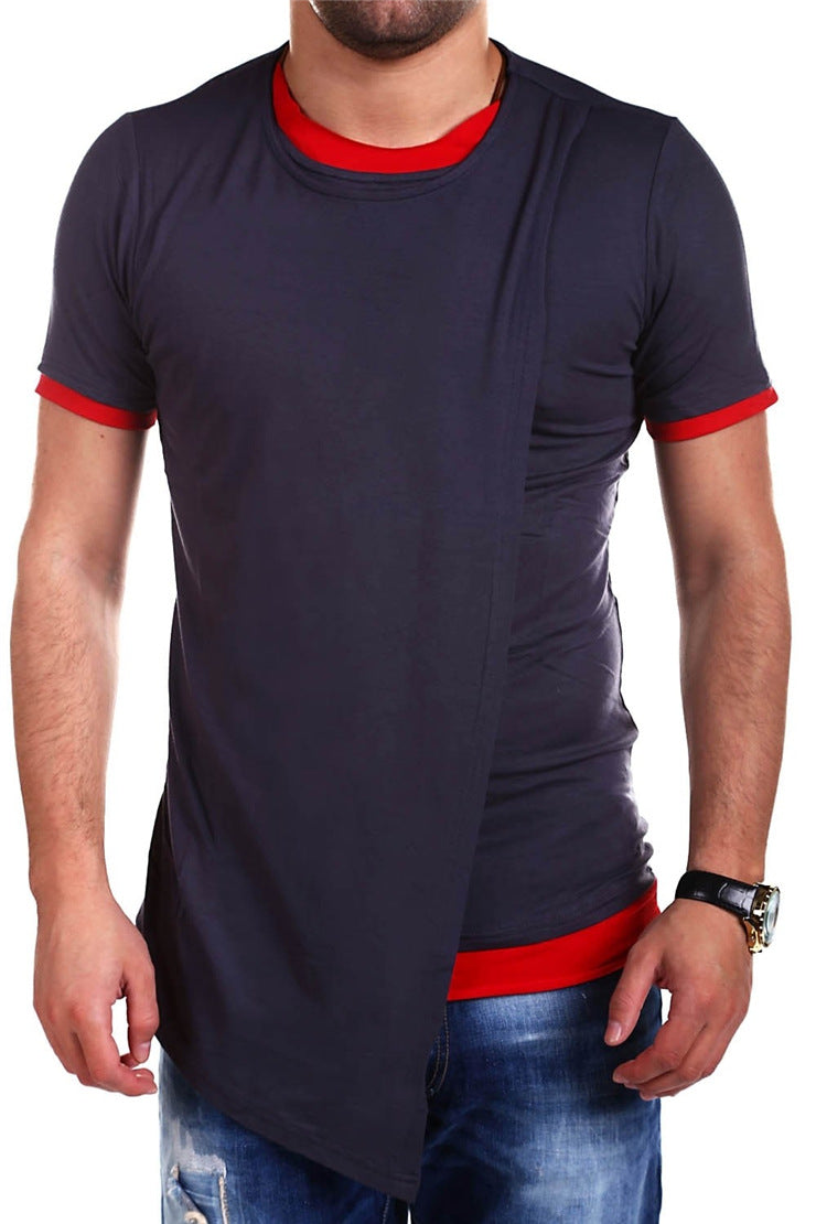 Oblique Double Layers Hip Hop Style Men Short Sleeves T Shirt
