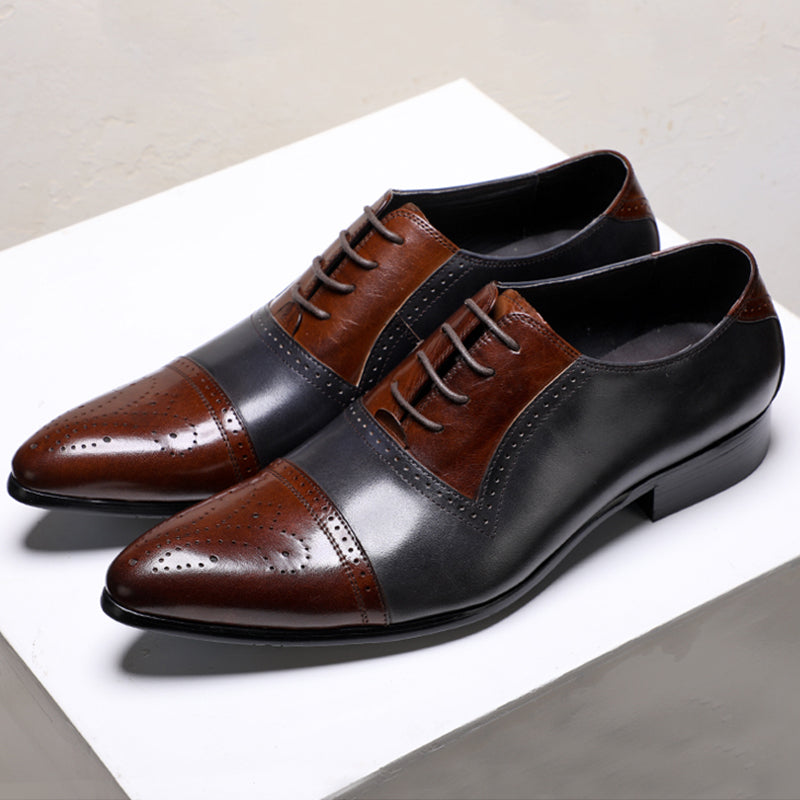 Genuine Leather Double Colours Perforated Pointed Toe Style Men Shoes