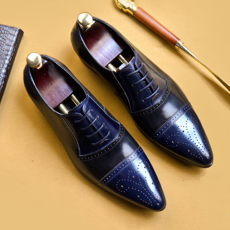 Genuine Leather Double Colours Perforated Pointed Toe Style Men Shoes