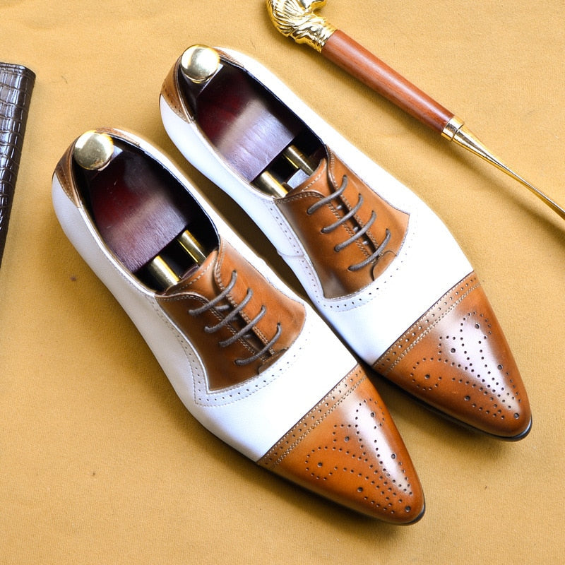 Genuine Leather Double Colours Perforated Pointed Toe Style Men Shoes