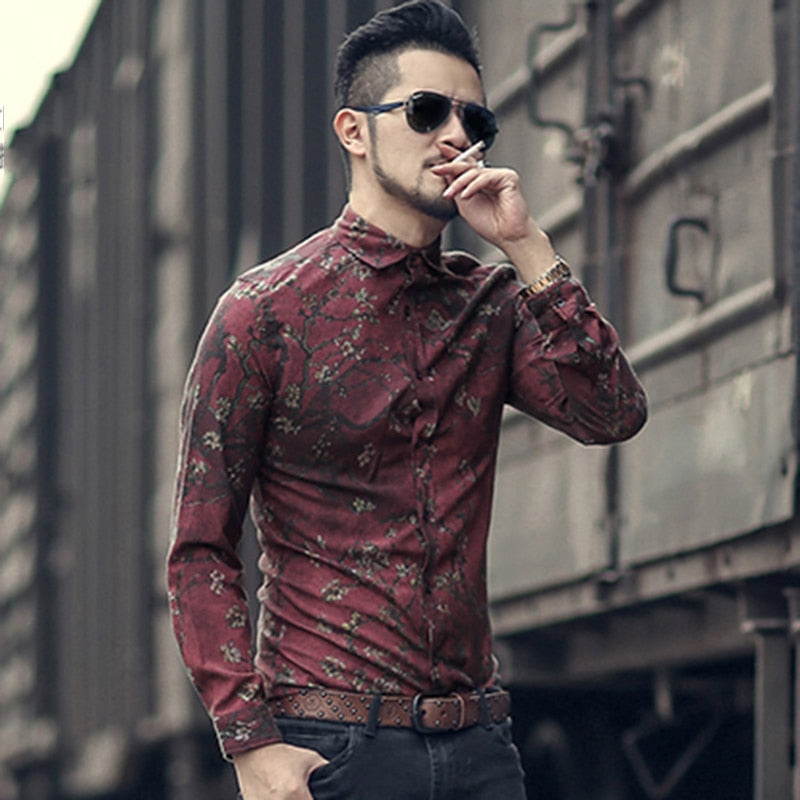 Vintage Slim with Printed Flower Men Long Sleeve Shirt