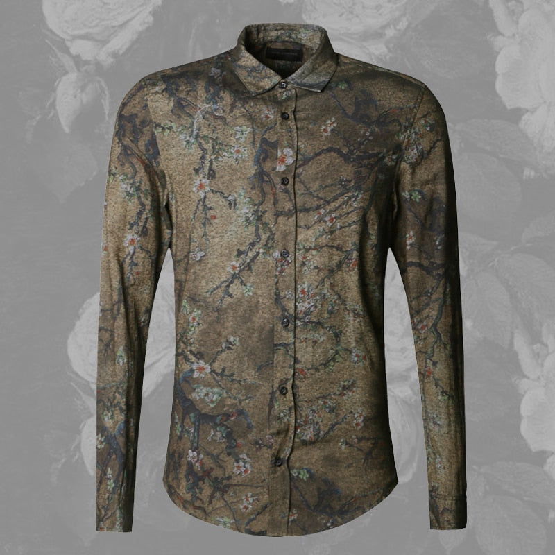 Vintage Slim with Printed Flower Men Long Sleeve Shirt