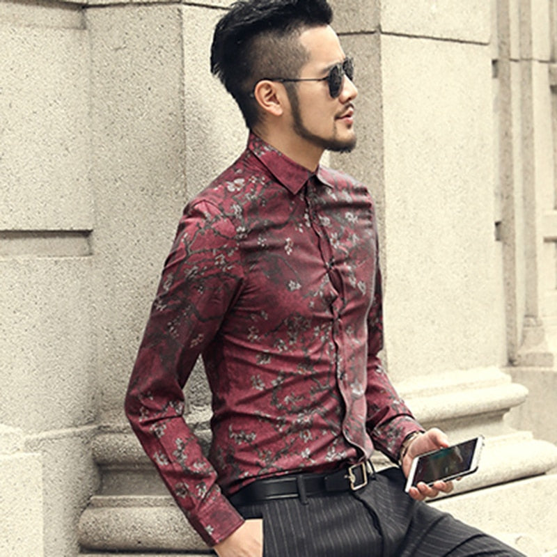 Vintage Slim with Printed Flower Men Long Sleeve Shirt