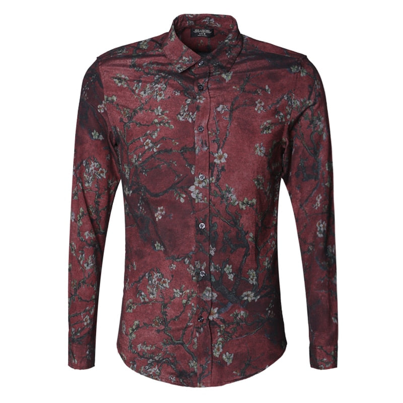 Vintage Slim with Printed Flower Men Long Sleeve Shirt