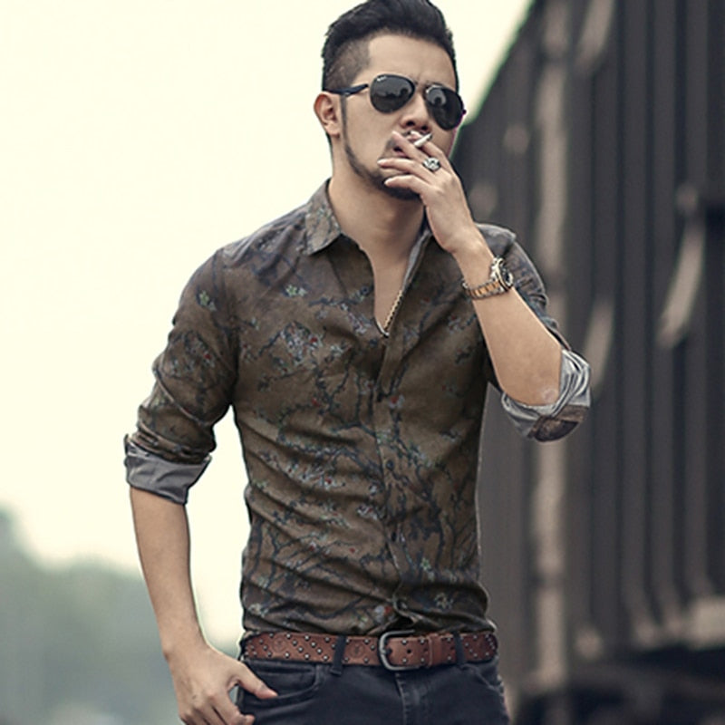 Vintage Slim with Printed Flower Men Long Sleeve Shirt