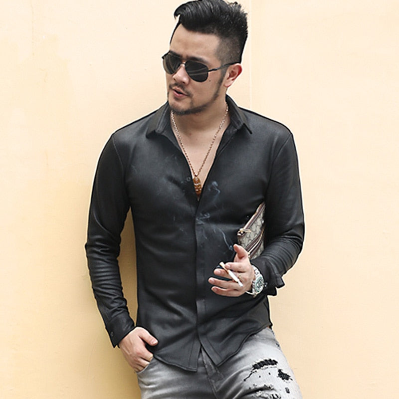 Black Solid Retro British Style Men Slim Long Sleeve Shirt - FanFreakz