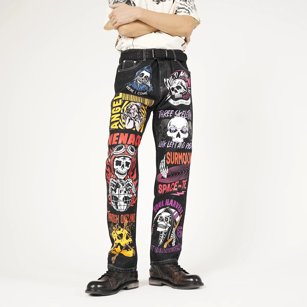 Gothic Skull Printed Pattern Straight Jeans