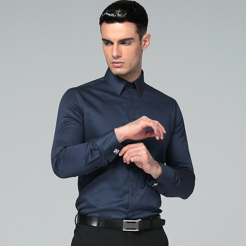 Regular Fit Cufflink Long Sleeve Men Business Suits Shirts Solid Color - FanFreakz