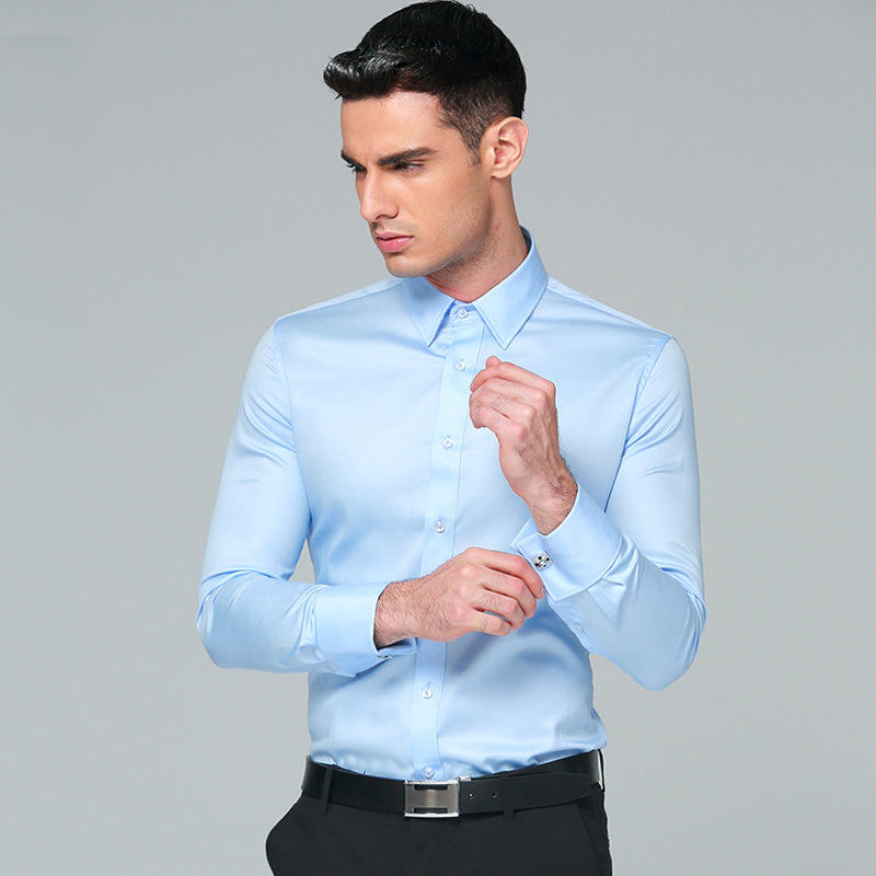 Regular Fit Cufflink Long Sleeve Men Business Suits Shirts Solid Color - FanFreakz