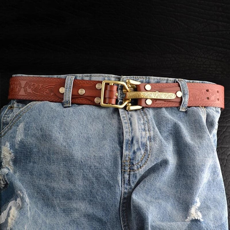 Artistic Leather Gold Buckle Men Belt