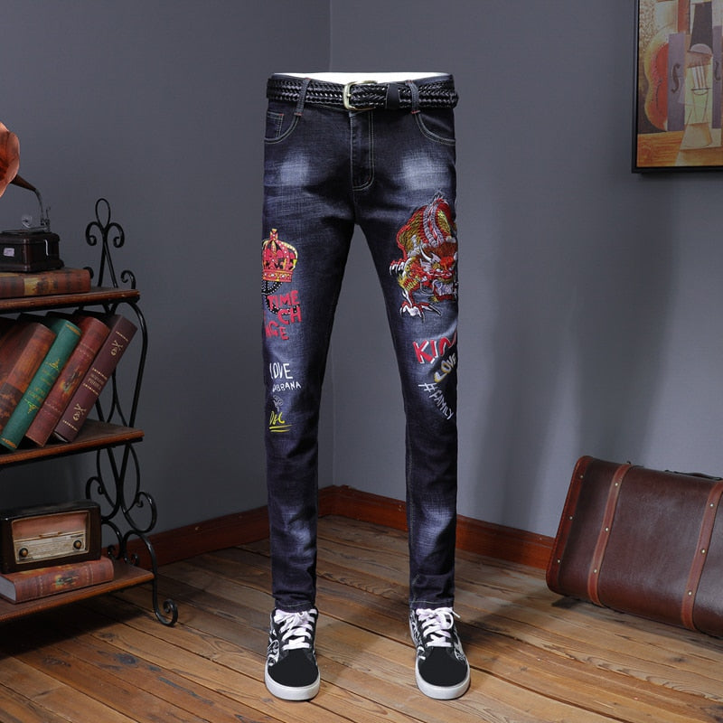 Embroidery Blue Slim Skinny Pencil Jeans