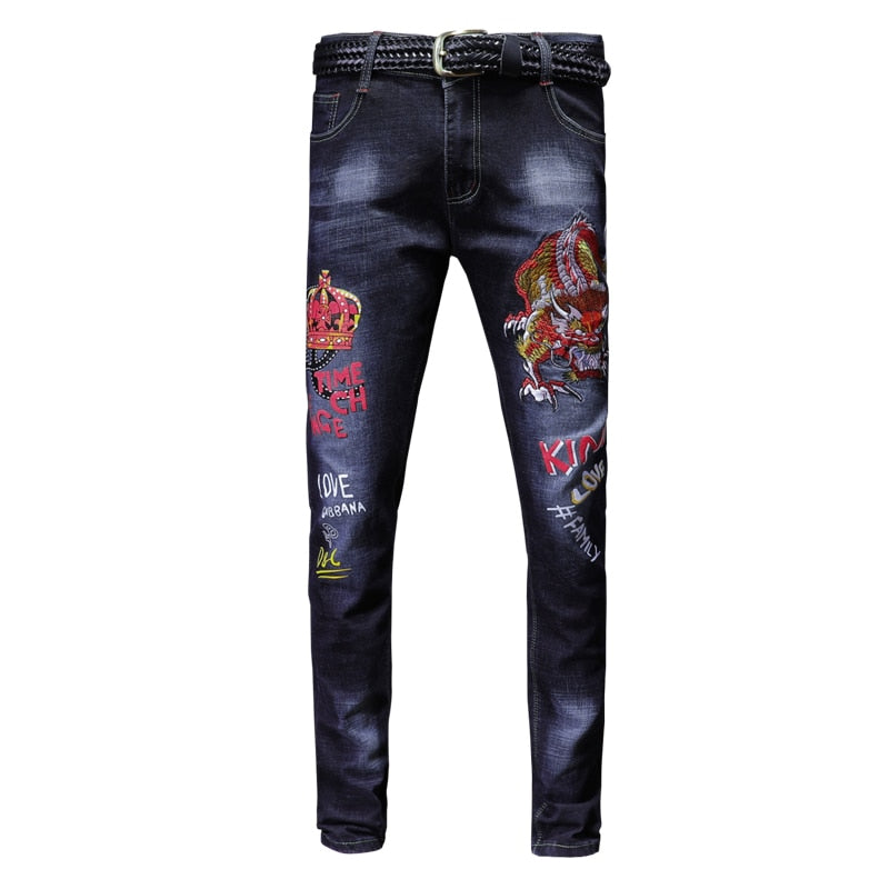 Embroidery Blue Slim Skinny Pencil Jeans