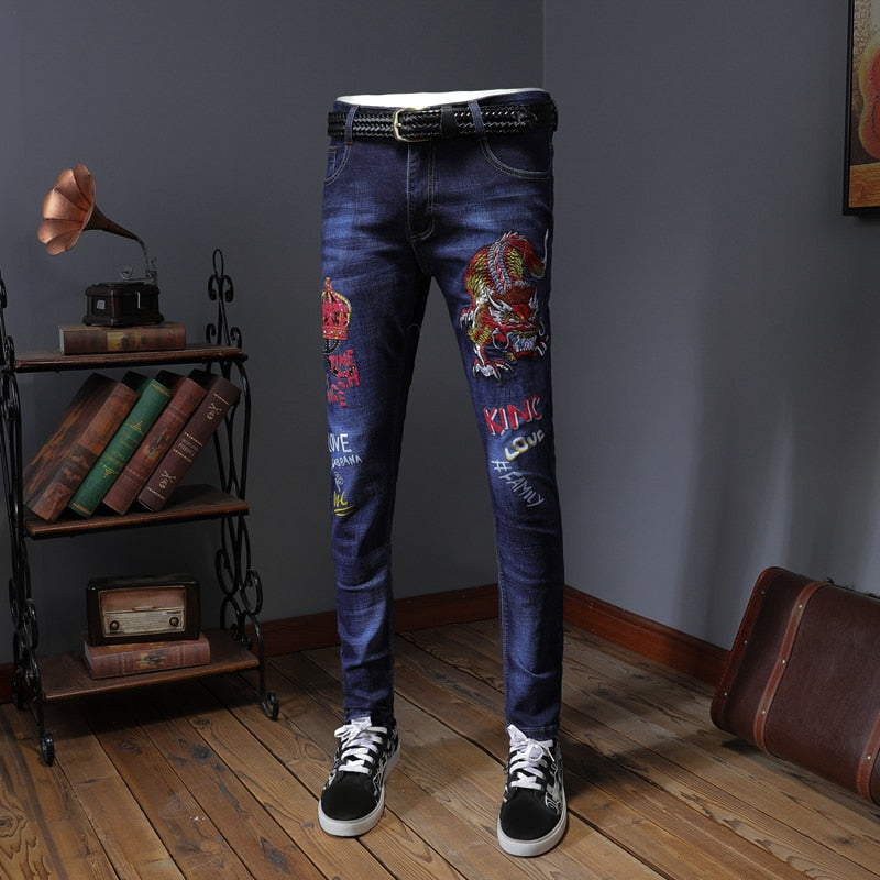 Embroidery Blue Slim Skinny Pencil Jeans