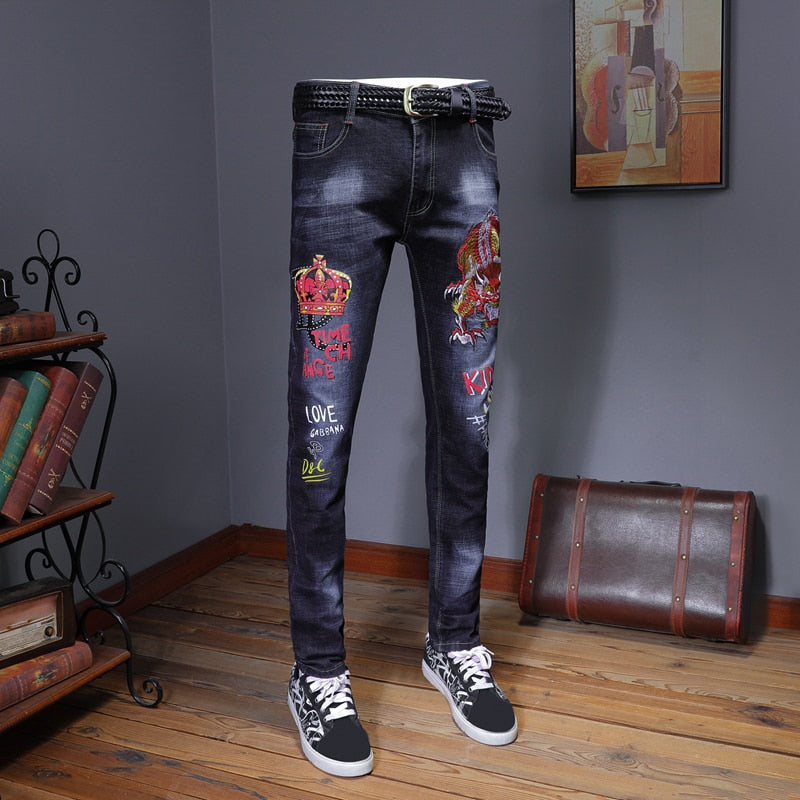 Embroidery Blue Slim Skinny Pencil Jeans