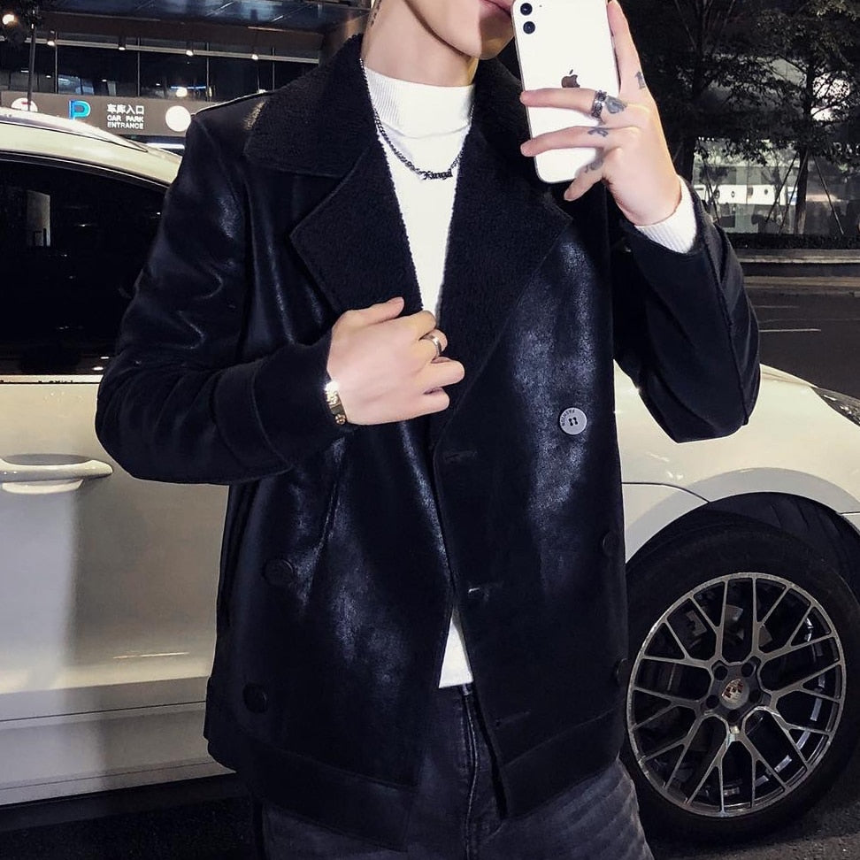 Monocolor Korean Style Faux Leather Coat