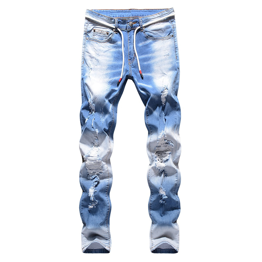 Light Blue Holes and Patchwork Decorated Jeans