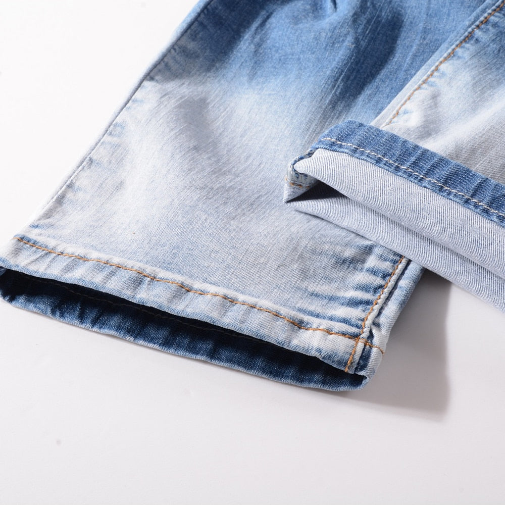 Light Blue Holes and Patchwork Decorated Jeans