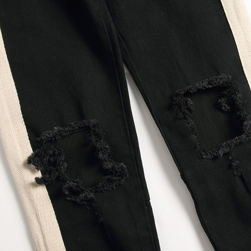 Stripe And Big Holes Decorated Patchwork Jeans