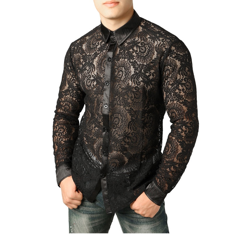 Black Lace Sexy See-through Men Long Sleeves Shirts - FanFreakz