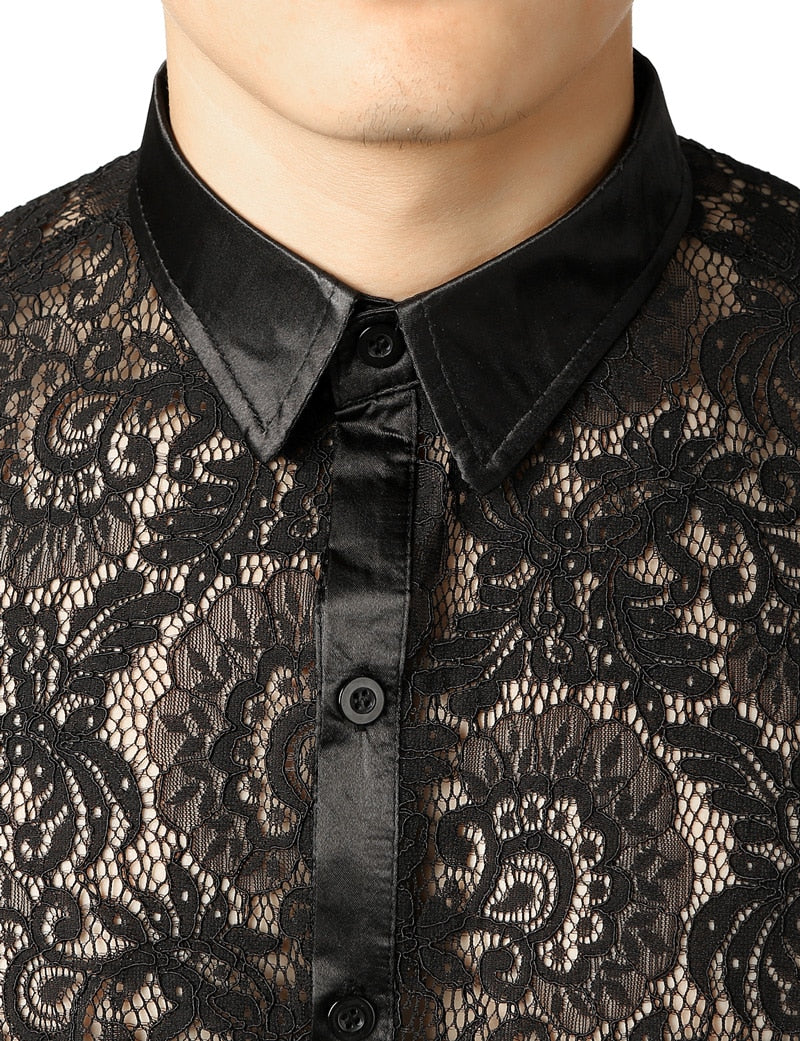 Black Lace Sexy See-through Men Long Sleeves Shirts - FanFreakz