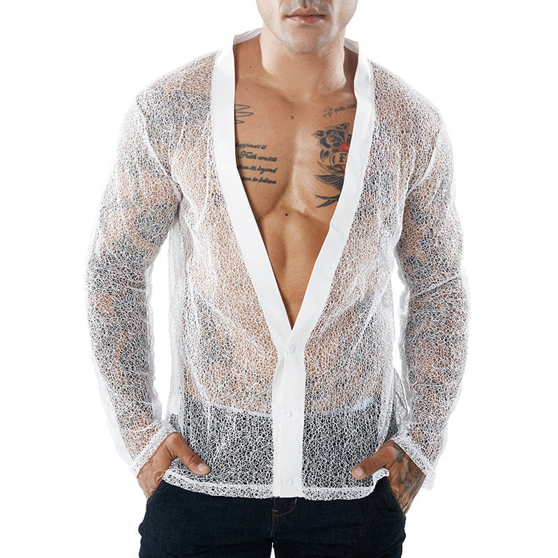 Button Down V Neck See-through Design Men Shirts - FanFreakz