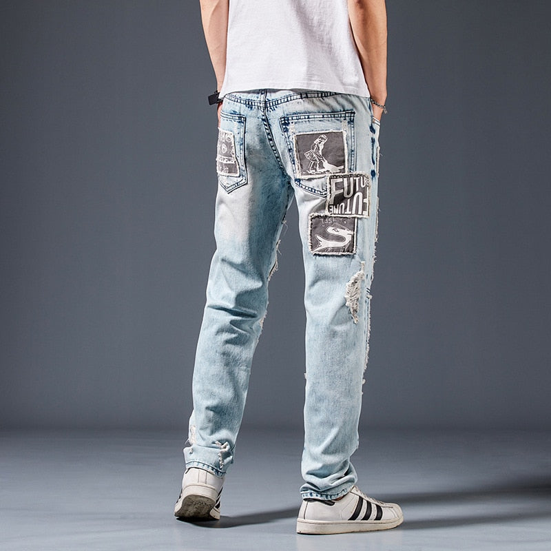 Abstract Patterned Patchwork Slim Straight Jeans