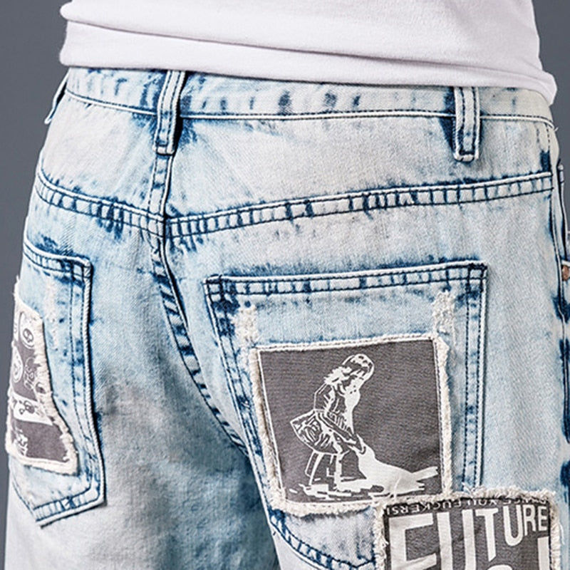 Abstract Patterned Patchwork Slim Straight Jeans