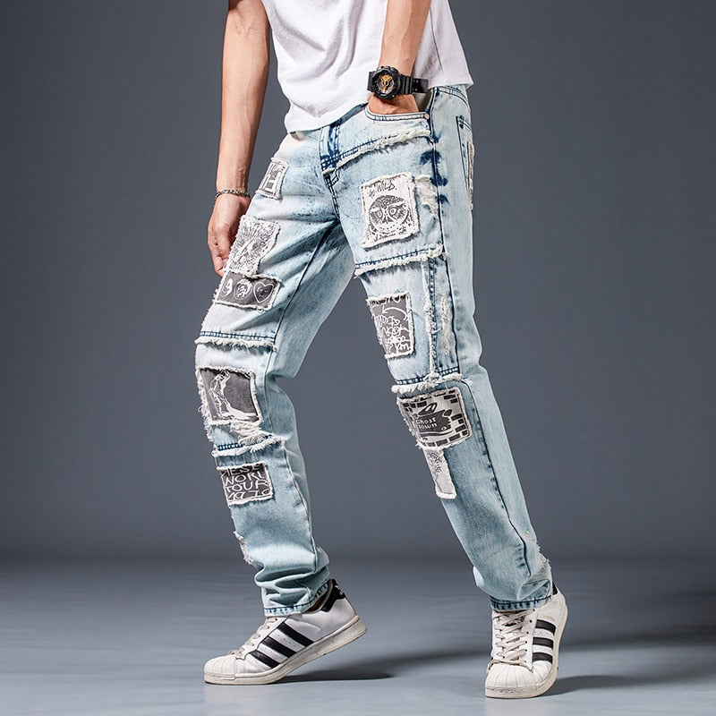 Abstract Patterned Patchwork Slim Straight Jeans