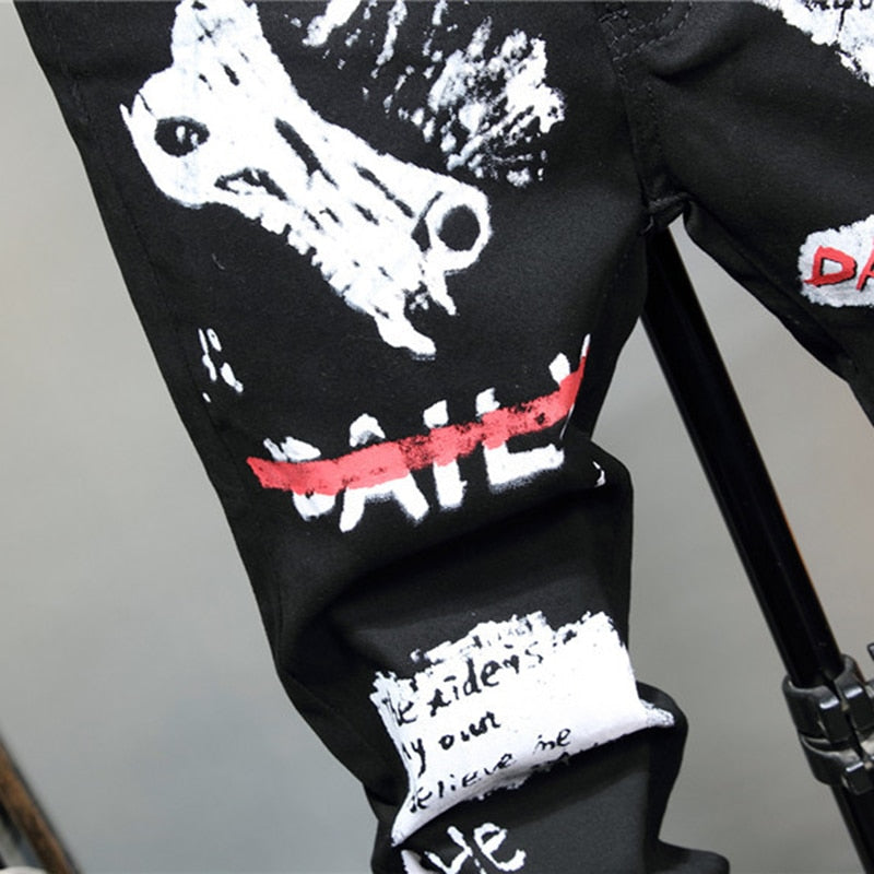 Punk Graffiti Style Printed Slim Fit Jeans