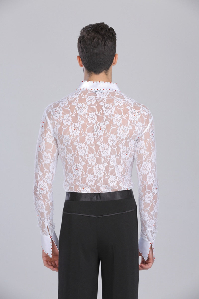 Deep V Lace Long Sleeve Latin Salsa Style Men Shirts