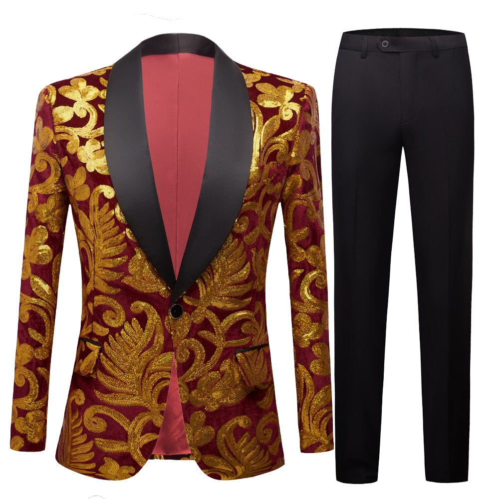 Gold Sequin Glitter Embellished Suit Blazer 2 Set