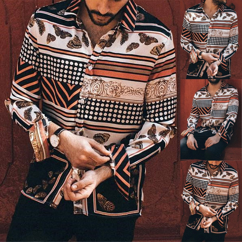 Mixed Pattern Long Sleeve Casual Print Men Shirts