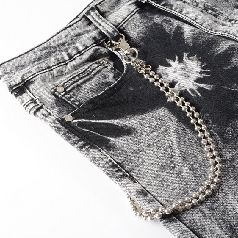 String Beaded Tie-Dyed Style Straight Jeans