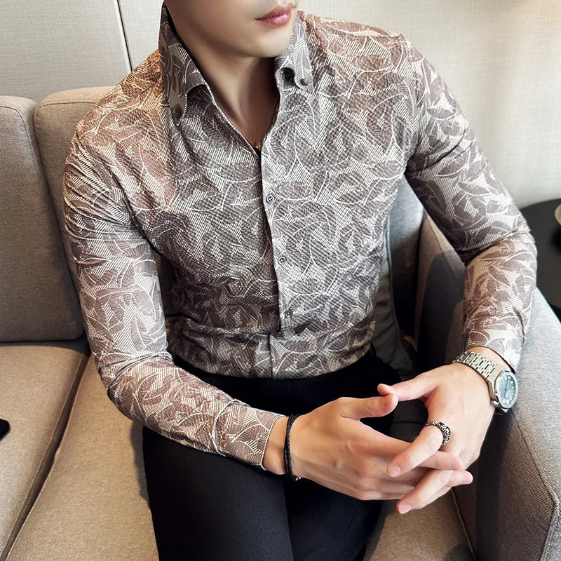 Leaves Geometric Slim Fit Long Sleeve Shirt
