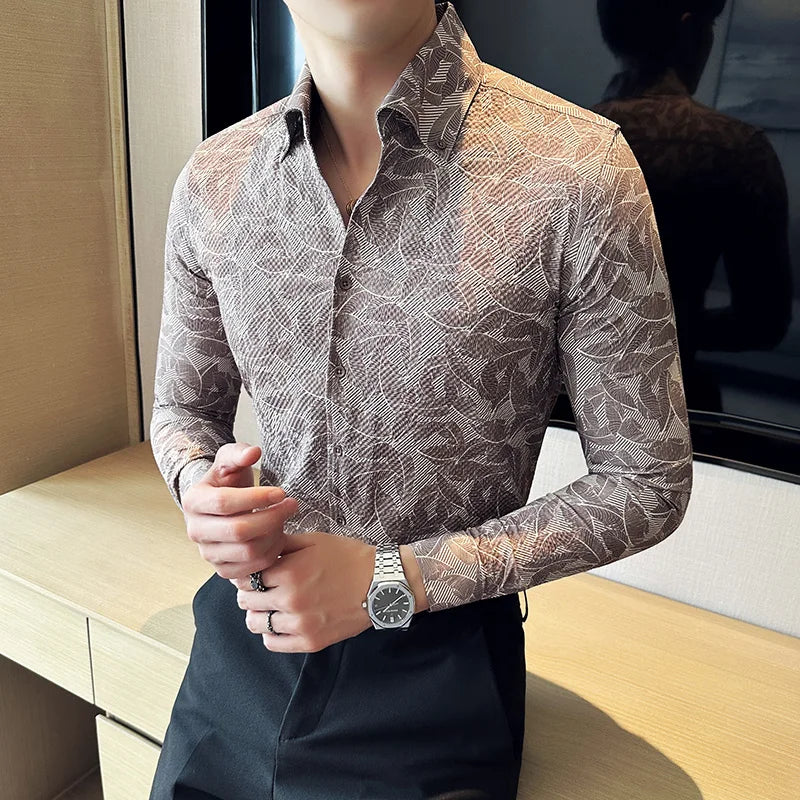 Leaves Geometric Slim Fit Long Sleeve Shirt