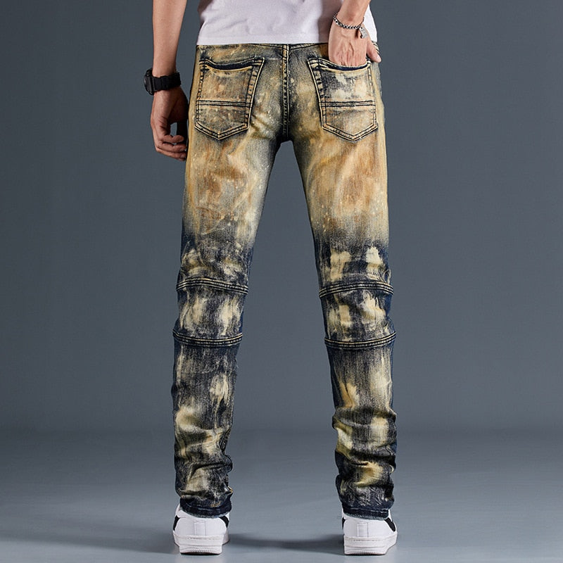 Beige Gradient Paint Stain Decorated Jeans