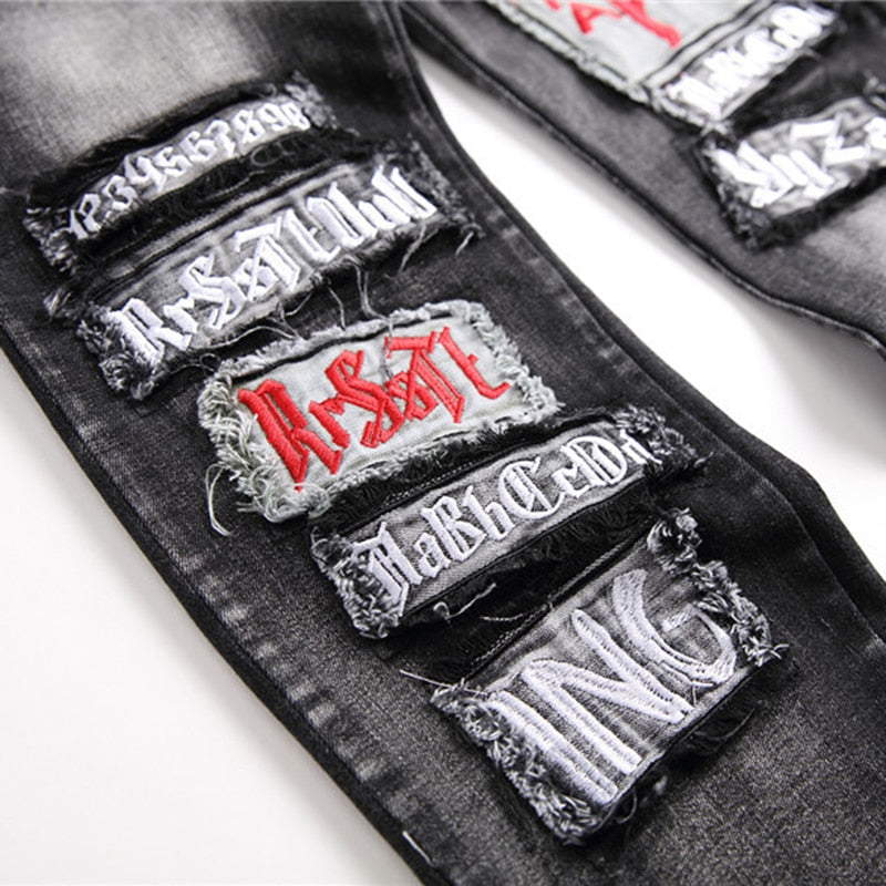 Rocker Style Embroidered Patchwork Men Slim Fit Jeans