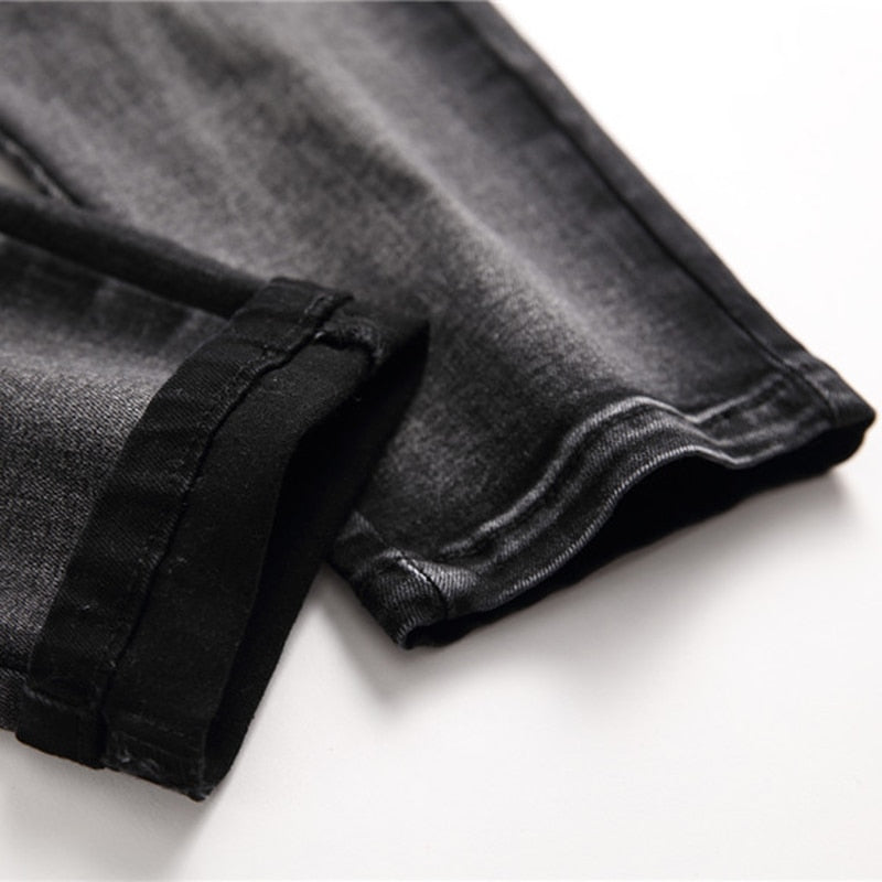 Rocker Style Embroidered Patchwork Men Slim Fit Jeans