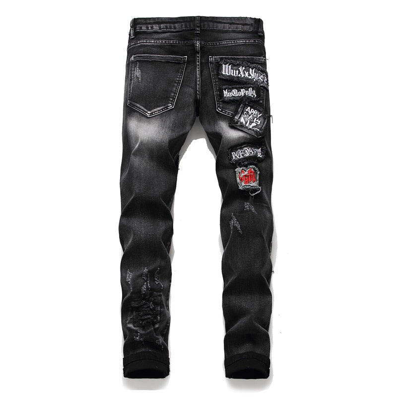 Rocker Style Embroidered Patchwork Men Slim Fit Jeans