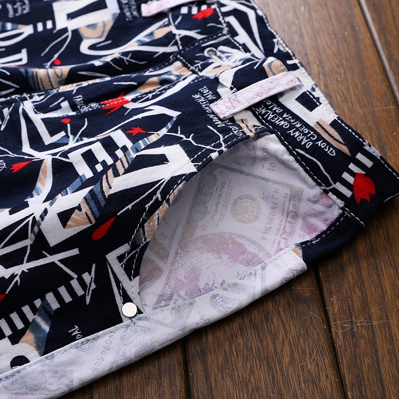 Mixed Colorful Letters Men Newspaper Printed Jeans