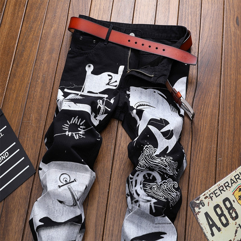 White Shark Painting Printed Black Jeans